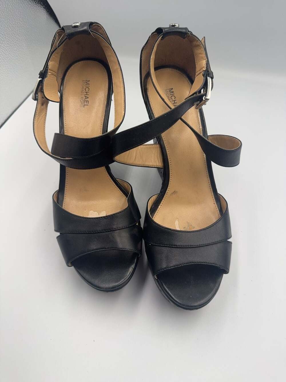 Michael Kors Black Leather Laser Cut Platform Wedge Sandals Size 10M - Picture 4 of 6